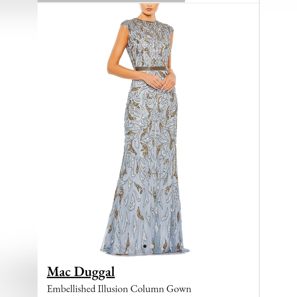 Mac Duggal Blue and Gold Maxi Dress